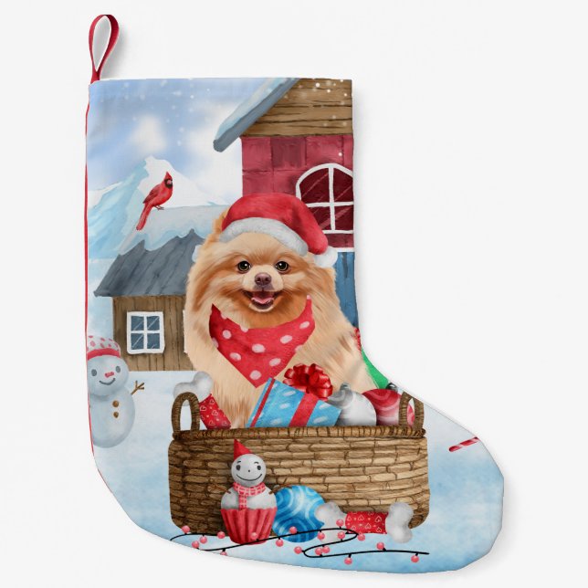 Spitz Hund im Schnee Weihnachtshundehaus Kleiner Weihnachtsstrumpf (Vorderseite)