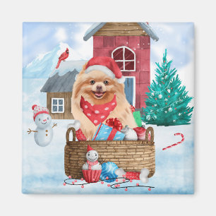 Spitz Hund im Schnee Weihnachtshundehaus Magnet