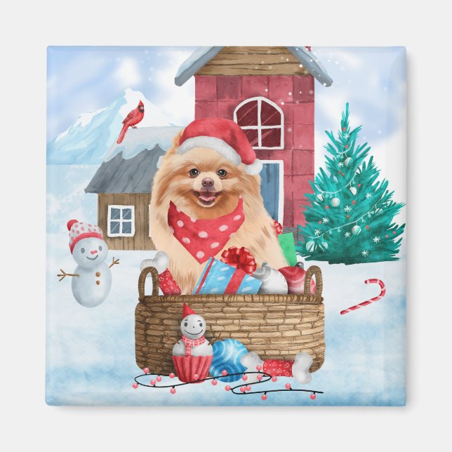 Spitz Hund im Schnee Weihnachtshundehaus Magnet (Vorne)
