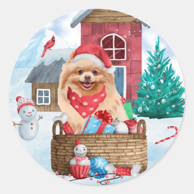 Spitz Hund im Schnee Weihnachtshundehaus Runder Aufkleber (Vorderseite)