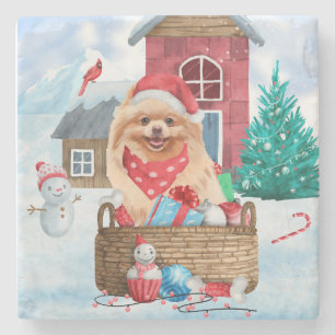 Spitz Hund im Schnee Weihnachtshundehaus Steinuntersetzer