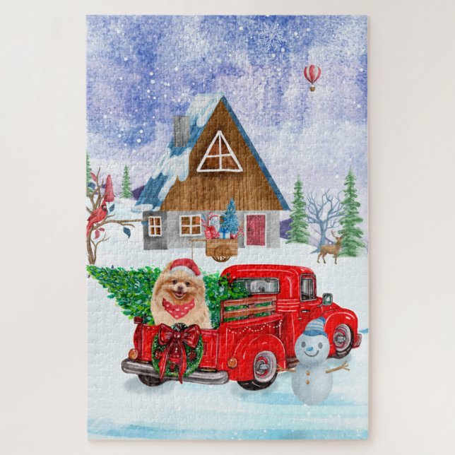 Spitz Hund in der Weihnachtslieferung LKW Schnee (Vertikal)