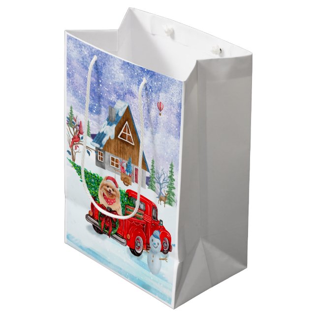 Spitz Hund in der Weihnachtslieferung LKW Schnee Mittlere Geschenktüte (Vorderseite Schrägansicht)