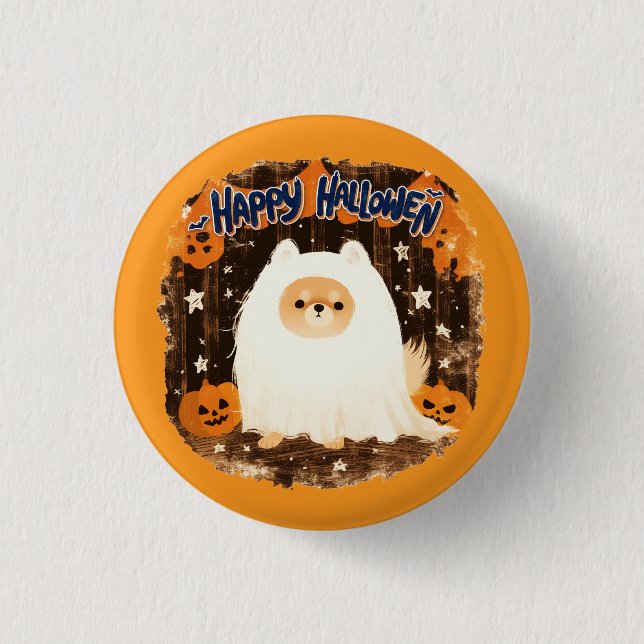 Spitz Hund in Ghost Costume - glückliches Hallowee Button (Vorderseite)