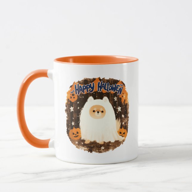 Spitz Hund in Ghost Costume - glückliches Hallowee Tasse (Links)