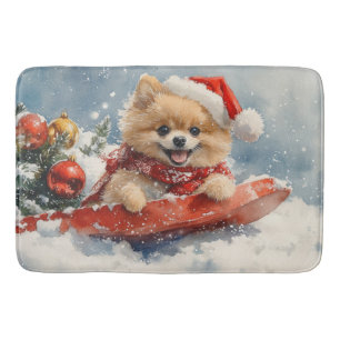 Spitz Hund in Sledge Lass es Schnee Weihnachten Badematte