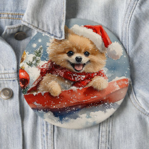 Spitz Hund in Sledge Lass es Schnee Weihnachten Button
