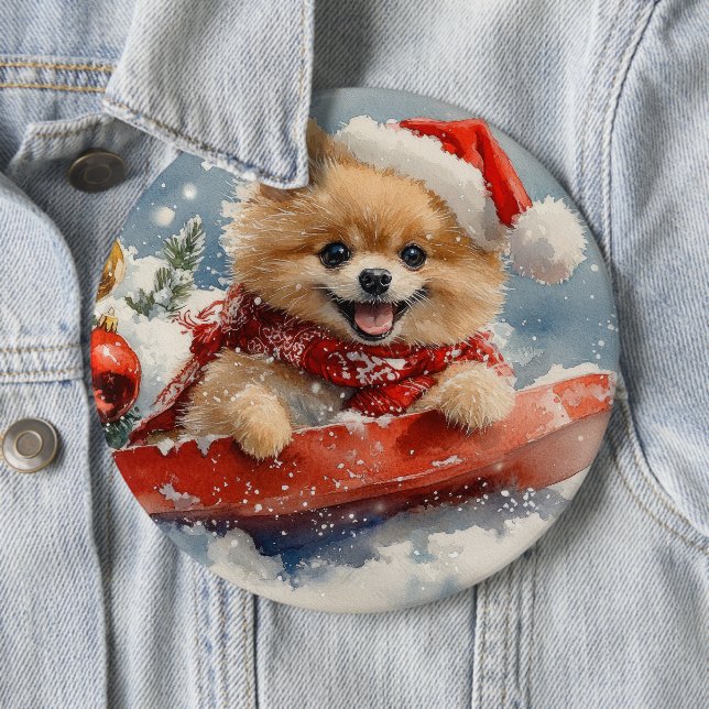 Spitz Hund in Sledge Lass es Schnee Weihnachten Button (Beispiel)