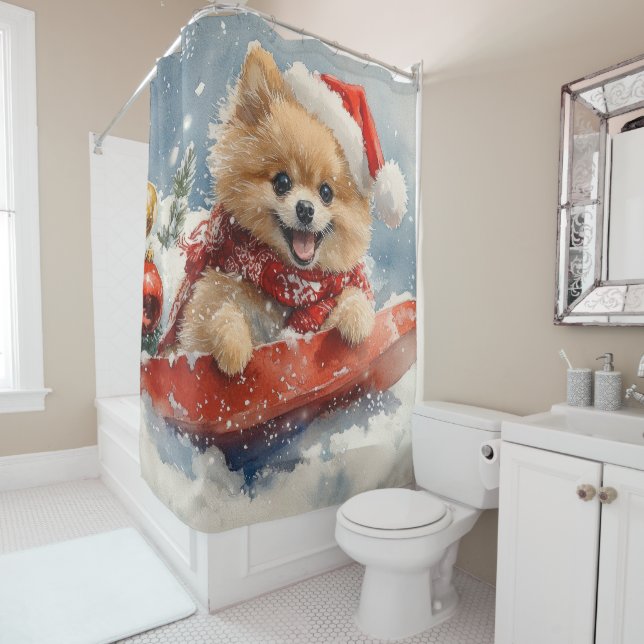 Spitz Hund in Sledge Lass es Schnee Weihnachten Duschvorhang (Beispiel)