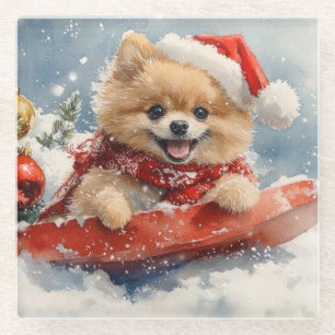 Spitz Hund in Sledge Lass es Schnee Weihnachten Glasuntersetzer