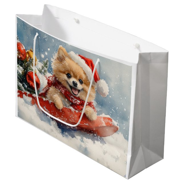 Spitz Hund in Sledge Lass es Schnee Weihnachten Große Geschenktüte (Vorderseite Schrägansicht)