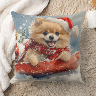 Spitz Hund in Sledge Lass es Schnee Weihnachten Kissen