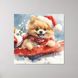Spitz Hund in Sledge Lass es Schnee Weihnachten Leinwanddruck