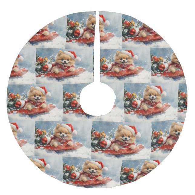 Spitz Hund in Sledge Lass es Schnee Weihnachten Polyester Weihnachtsbaumdecke (Vorderseite)
