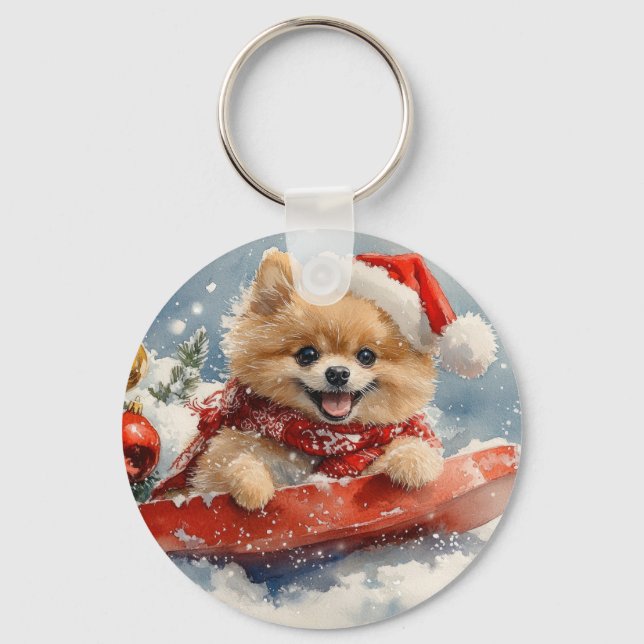 Spitz Hund in Sledge Lass es Schnee Weihnachten Schlüsselanhänger (Vorderseite)