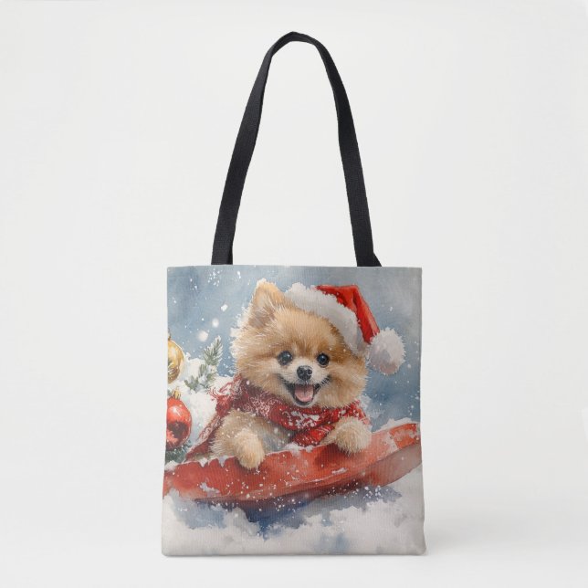 Spitz Hund in Sledge Lass es Schnee Weihnachten Tasche (Vorderseite)