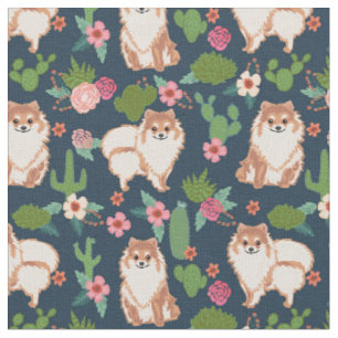 Spitz Hund Kaktus Blumenmeer Blau Stoff