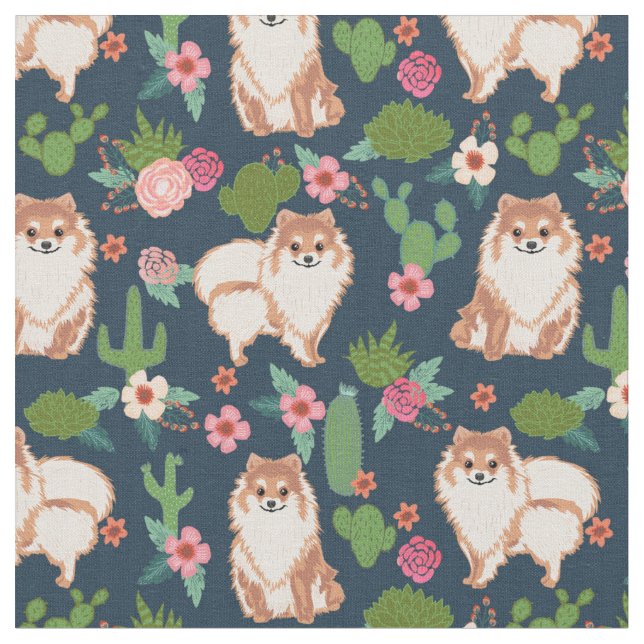 Spitz Hund Kaktus Blumenmeer Blau Stoff (Nahaufnahme)