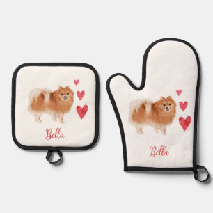 Spitz Hund mit benutzerdefiniertem Pet-Namen Ofenhandschuh & Topflappen-Set