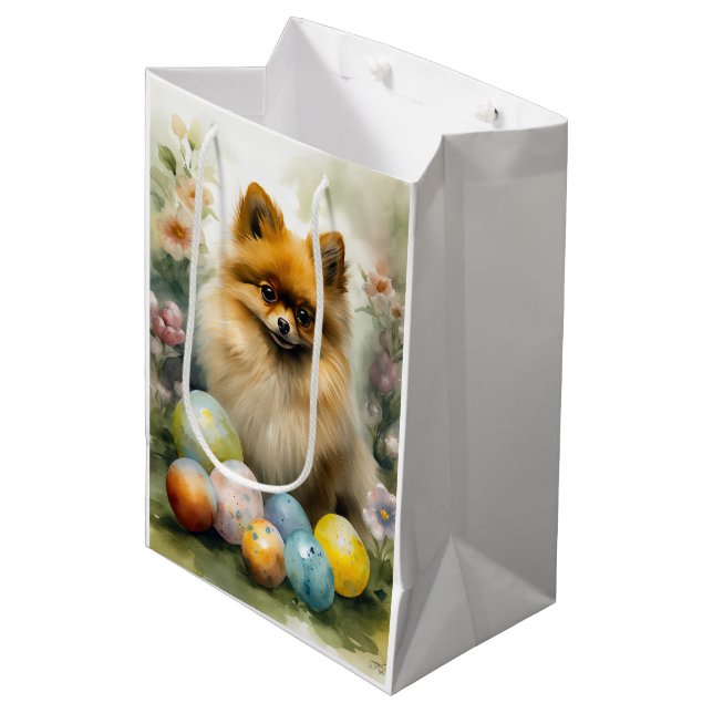 Spitz Hund mit Ostereiern Urlaub Mittlere Geschenktüte (Vorderseite Schrägansicht)