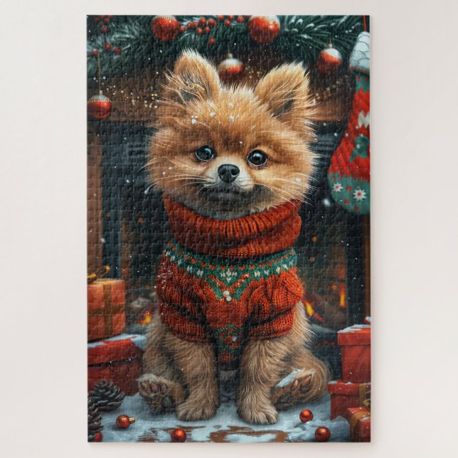 Spitz Hund mit Weihnachtsgeschenken Feuerplatz (Vertikal)