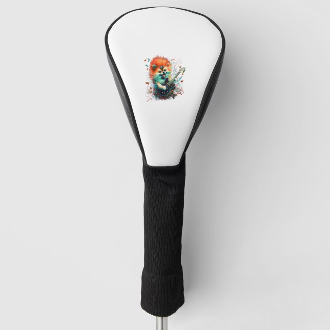 Spitz Hund Playing Electrical Gitarre Rock T-Shir Golf Headcover (Vorderseite)
