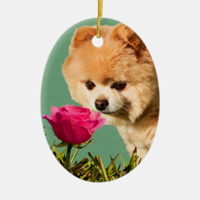 Spitz-Hund und Rosen-Verzierung Keramikornament (Vorne)