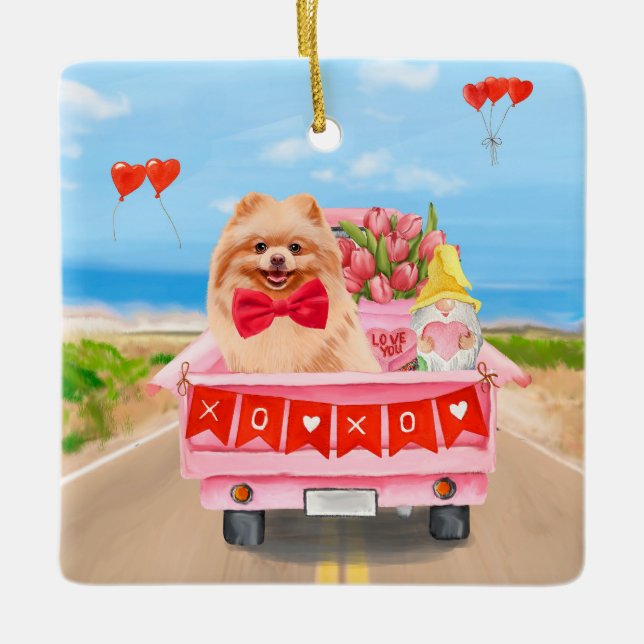 Spitz Hund Valentinstag Lkw Herz Keramikornament (Vorderseite)