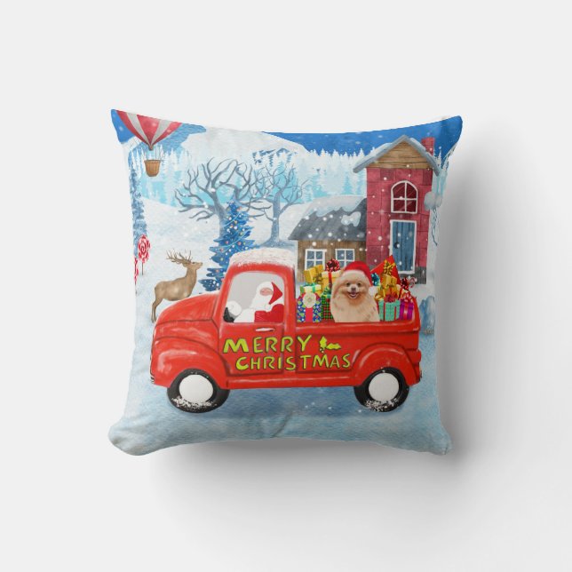 Spitz Hund Weihnachtslieferung LKW Schnee Kissen (Vorderseite)