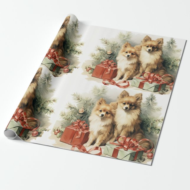 Spitz Hunde Weihnachtsbaum und Geschenke Geschenkpapier (Ungerollt)
