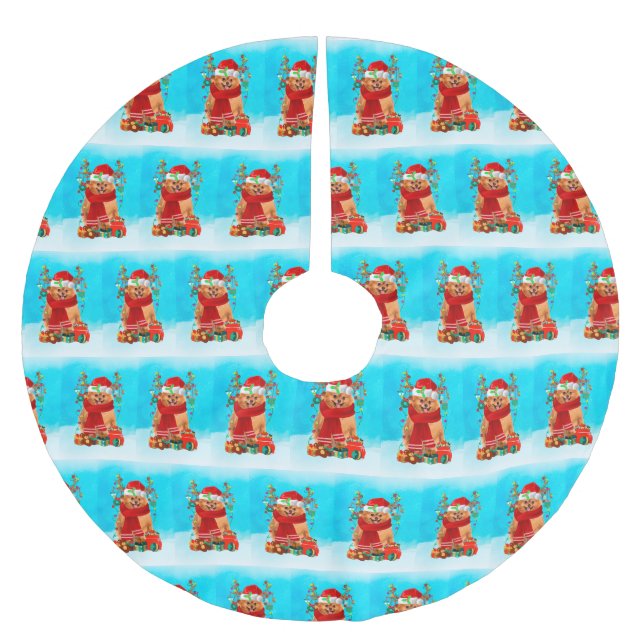 Spitz im Schnee mit Weihnachtsgeschenken Polyester Weihnachtsbaumdecke (Vorderseite)