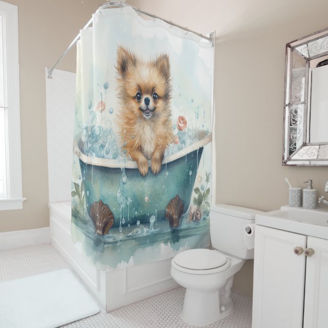 Spitz in der Badewanne Wasserfarben Kunst Duschvorhang (Beispiel)