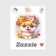 Spitz japonais avec fleurs, autocollant de chiot