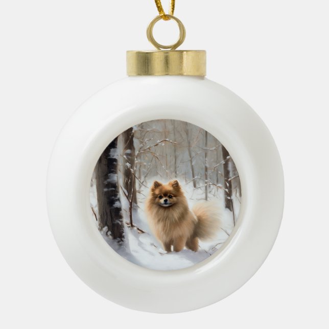 Spitz lässt es Weihnachten schneien Keramik Kugel-Ornament (Vorderseite)