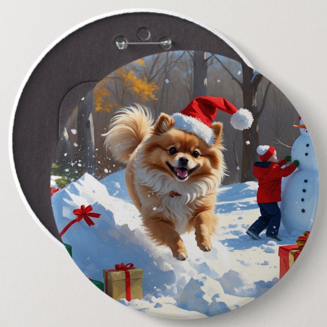 Spitz läuft im Schnee mit Weihnachtshut Button (Vorne & Hinten)