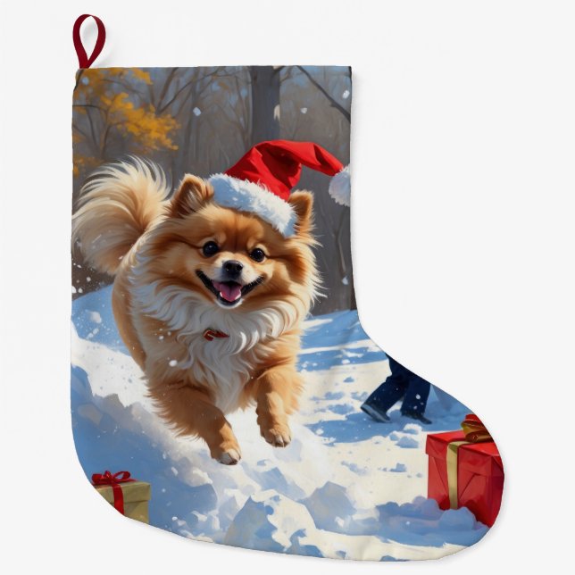 Spitz läuft im Schnee mit Weihnachtshut Großer Weihnachtsstrumpf (Vorderseite)