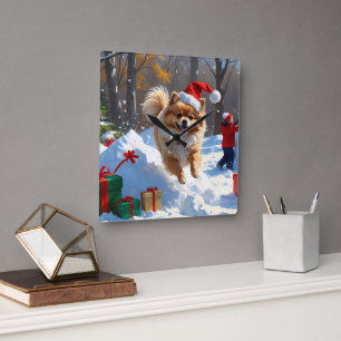 Spitz läuft im Schnee mit Weihnachtshut Quadratische Wanduhr