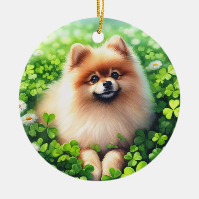 Spitz mit grünem Kleeblatt Keramik Ornament (Vorne)