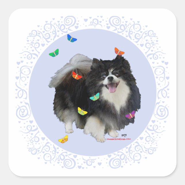 Spitz mit Schmetterlingen Quadratischer Aufkleber (Vorderseite)