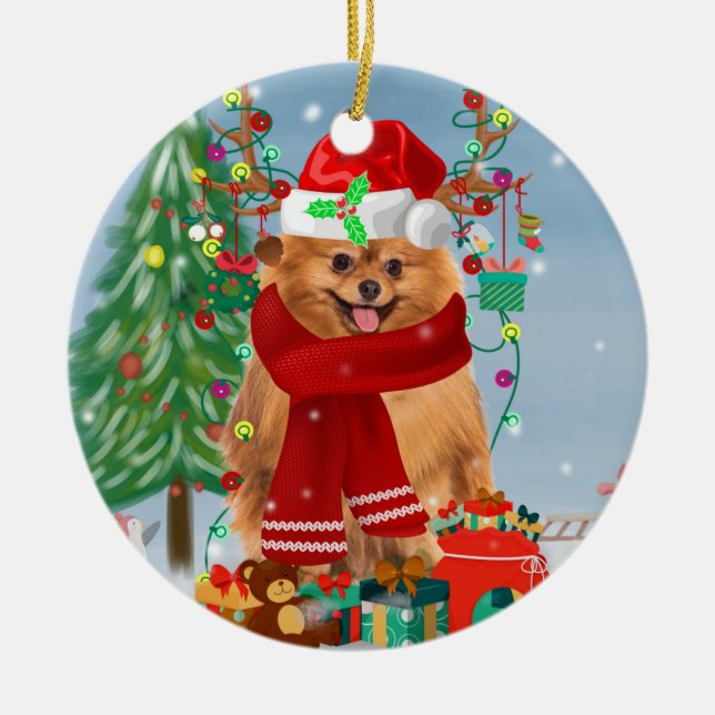 Spitz mit Weihnachtsgeschenke Keramik Ornament (Vorne)