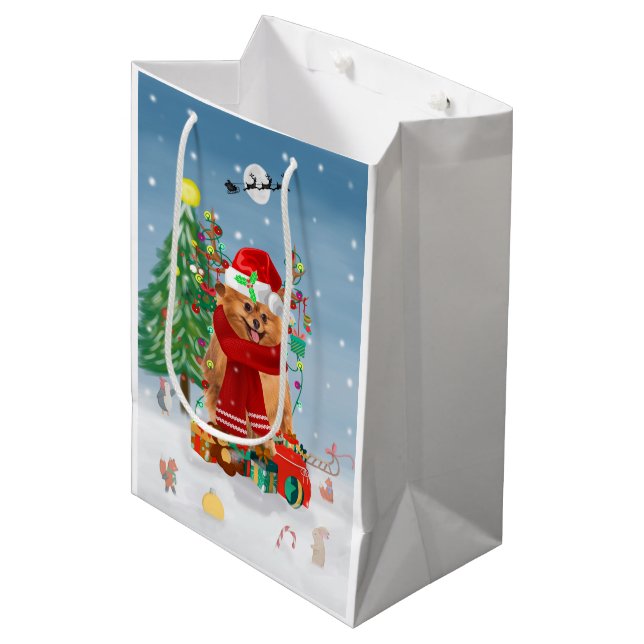 Spitz mit Weihnachtsgeschenke Mittlere Geschenktüte (Vorderseite Schrägansicht)