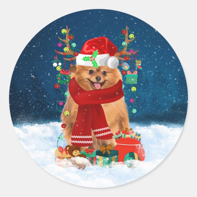 Spitz mit Weihnachtsgeschenke Runder Aufkleber (Vorderseite)