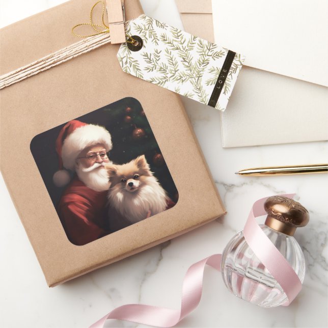 Spitz mit Weihnachtsmann Weihnachten Quadratischer Aufkleber (Schenken)