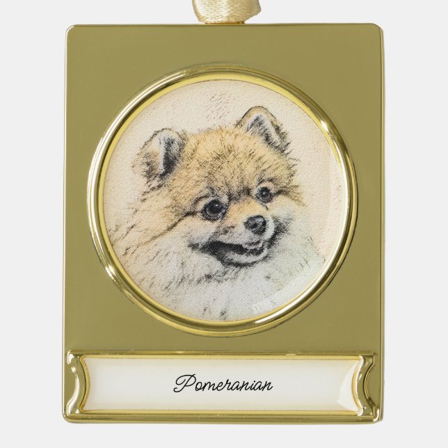 Spitz (Orange) Malerei - Original Dog Art Go Banner-Ornament Gold (Vorderseite)