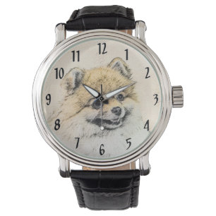 Spitz (Orange) Malerei - Originale Hundekunst Armbanduhr