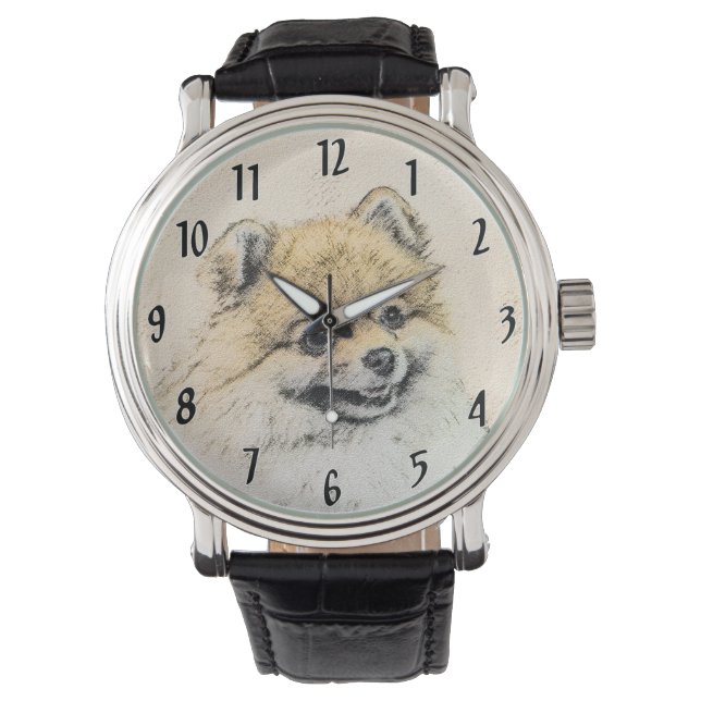 Spitz (Orange) Malerei - Originale Hundekunst Armbanduhr (Vorderseite)