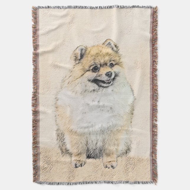 Spitz (Orange) Malerei - Originale Hundekunst Decke (Vorderseite Vertikal)