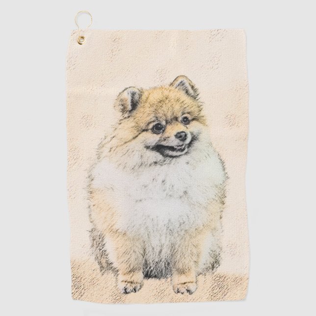 Spitz (Orange) Malerei - Originale Hundekunst Golfhandtuch (Vorderseite)