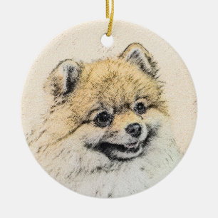 Spitz (Orange) Malerei - Originale Hundekunst Keramik Ornament