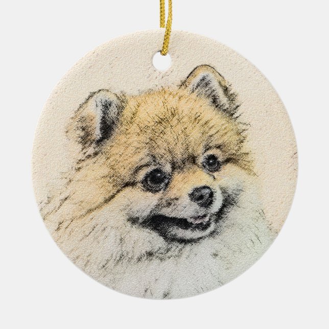 Spitz (Orange) Malerei - Originale Hundekunst Keramik Ornament (Vorne)